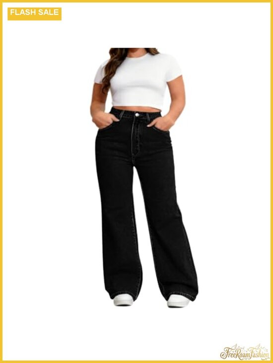 Denim - Women's Plus Size High Waist Wide Leg Stretch Jeans Straight Leg Denim Pants